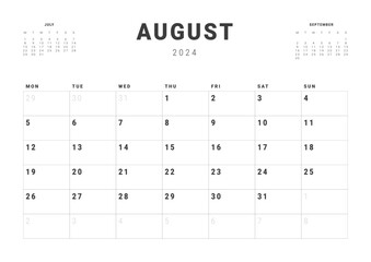 Monthly page Calendar Planner Templates of August 2024. Vector layout of simple calendar with week start Monday for print. Page for size A4 or 21x29.7 cm