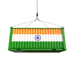 Shipping container with India flag on transparent background, PNG file