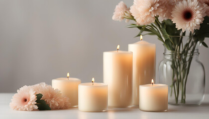 Wax candles and flowers in glass holder on table against light background. Space for text