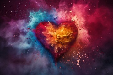 An abstract representation of love on Valentine's Day with a vibrant heart formed by a burst of colorful powder. Generative AI