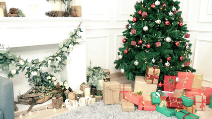 Background Christmas tree decorated holiday winter xmas celebration present gift decorate bauble ornament golden ball in cozy living room. Merry Christmas happy new year festival traditional concept