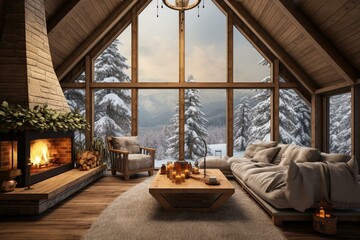 Inviting winter living room in a cabin with snowy scenery outside. Generative AI