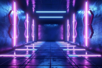Sci-fi alien stage hallway with neon lights, glossy concrete floor, and medieval grunge wall. Generative AI
