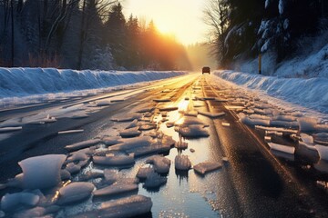 Slippery black ice on road: icy dangerous winter driving. Generative AI - obrazy, fototapety, plakaty