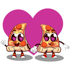 two slices of cute pizza character with cute face mascot couple in love, isolated cartoon vector illustration. two slices of cute pizza mascot