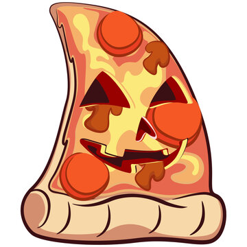 Cute slice of pizza character with funny face mascot dressed up in halloween style, isolated cartoon vector illustration. Cute slice of pizza mascot, emoticon