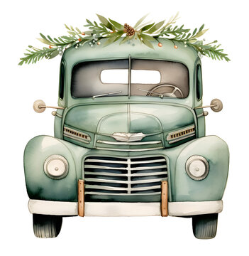 Sage Green Watercolor Christmas Vintage Truck