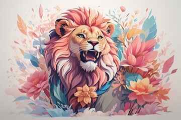 A detailed illustration of a print of a colorful lion roaring , fantasy flowers splash, isolated