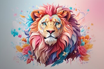 A detailed illustration of a print of a colorful lion roaring , fantasy flowers splash, flower