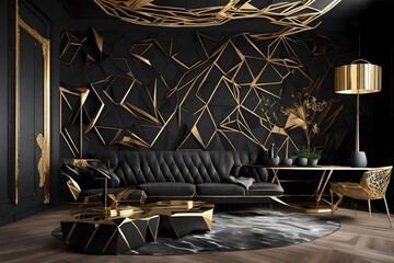 Interior with a beautiful black wall with pattern polygons and furniture with golden fittings.