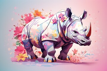 A detailed illustration of a print of a colorful rhino running , fantasy flowers splash, design