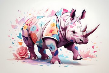 A detailed illustration of a print of a colorful rhino running , fantasy flowers splash, herbivore
