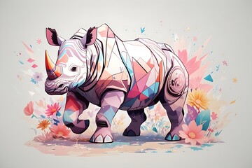 A detailed illustration of a print of a colorful rhino running , fantasy flowers splash, wild