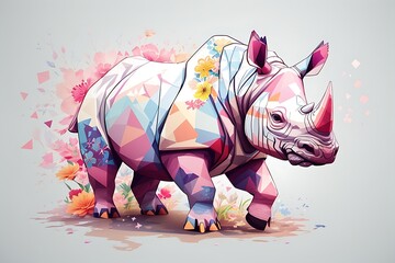 A detailed illustration of a print of a colorful rhino running , fantasy flowers splash, mammal