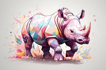 A detailed illustration of a print of a colorful rhino running , fantasy flowers splash, animal