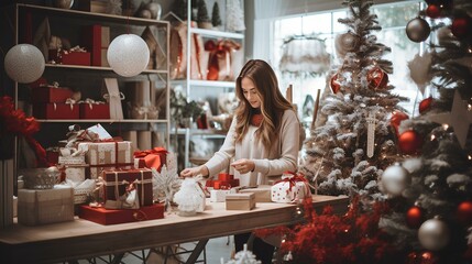 Seasonal holiday sale in a home Christmas decor store. a customer who visited the store was carefully selecting items. generative AI - obrazy, fototapety, plakaty
