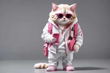 an ultra-realistic, standing, full-body cat in a white sweatshirt with pink accents, sunglasses, white and pink tennis jeans, typing on his cell phone, and backpack on his back, design