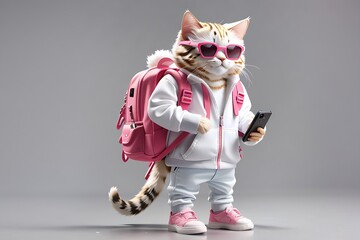an ultra-realistic, standing, full-body cat in a white sweatshirt with pink accents, sunglasses, white and pink tennis jeans, typing on his cell phone, and backpack on his back, pink
