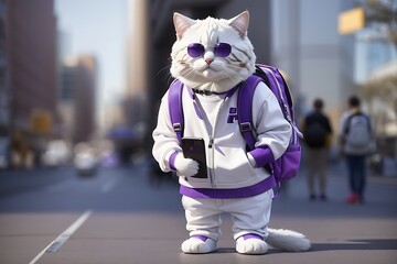 an ultra-realistic, standing, full-body cat in a white sweatshirt with purple accents, sunglasses, white and purple tennis jeans, typing on his cell phone, and backpack on his back, standing