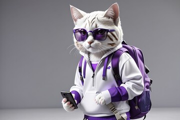 an ultra-realistic, standing, full-body cat in a white sweatshirt with purple accents, sunglasses, white and purple tennis jeans, typing on his cell phone, and backpack on his back, cat