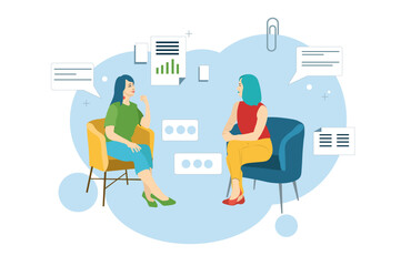 Two young women discussion something, business vector illustration