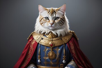 Create a withe cat as mediaval king , blank background, feline