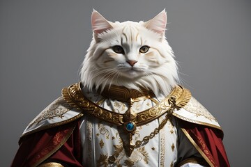 Create a withe cat as mediaval king , blank background, white