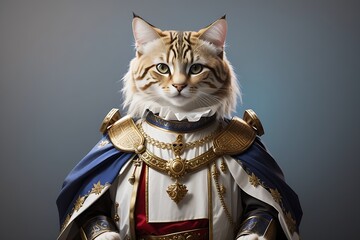 Create a withe cat as mediaval king , blank background, cute
