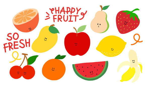 Happy fruits drawing in crayon including mango, banana, orange, lemon, cherry, strawberry, apple, pear and watermelon for grocery shopping, vegan, ingredients, summer juice, snack, cartoon character