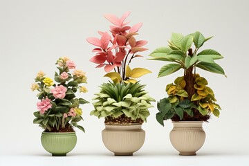 Three-dimensional depiction of ornamental potted plants against a white backdrop. Generative AI