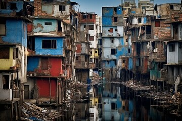 Fototapeta na wymiar Contrast between mansions and shanties, urban slum, disparity, unfairness. Generative AI