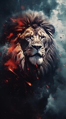 Naklejka premium a textured background surrounded by an angry male lion in watercolor style, vertical format, background image, generative AI