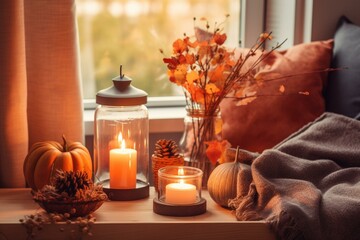 Fototapeta na wymiar Cozy fall home setup with warm decor, comforting ambiance, and a flickering scented candle. Generative AI