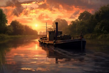 A barge on a river at sunset. Generative AI - obrazy, fototapety, plakaty
