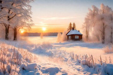 Winter beautiful sunrise concept of cottage 