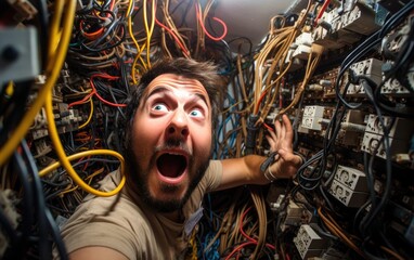 An electrician in a panic attack - obrazy, fototapety, plakaty