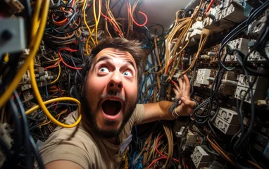 Fotobehang An electrician in a panic attack © piai