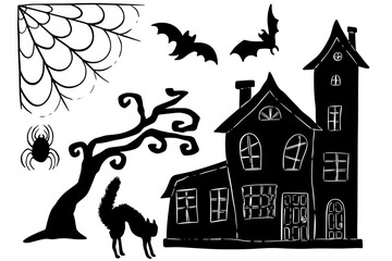 Halloween graphic set, vector black and white illustration 