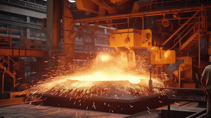Work crews operating heavy metallurgical equipment, carefully crafting metal products in a metal or steel factory
