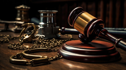 A judge's gavel resting on a wooden desk in a courtroom