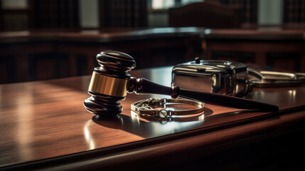 Fototapeta na wymiar A judge's gavel resting on a wooden desk in a courtroom