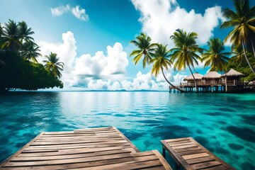 Summer panoramic landscape, nature of tropical beach with wooden platform - obrazy, fototapety, plakaty