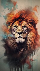 a textured background surrounded by an angry male lion in watercolor style, vertical format, background image, generative AI