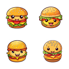 set of happy cute burger watercolor illustrations for printing on baby clothes, pattern, sticker, postcards, print, fabric, and books