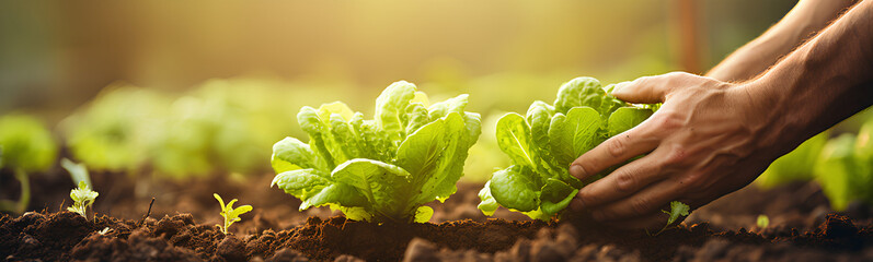 A farmer plants lettuce seedlings by hand in his vegetable garden.