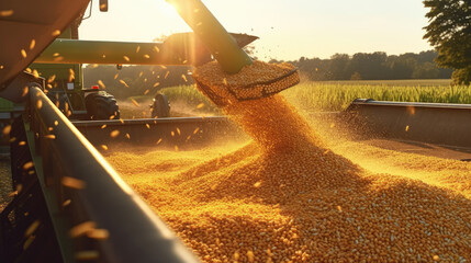 A harvester pouring freshly harvested corn maize seeds or soybeans into a container trailer during the morning sunshine - obrazy, fototapety, plakaty