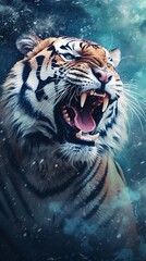 Fototapeta na wymiar a textured background surrounded by an angry male tiger in water color style, vertical format, background image, generative AI