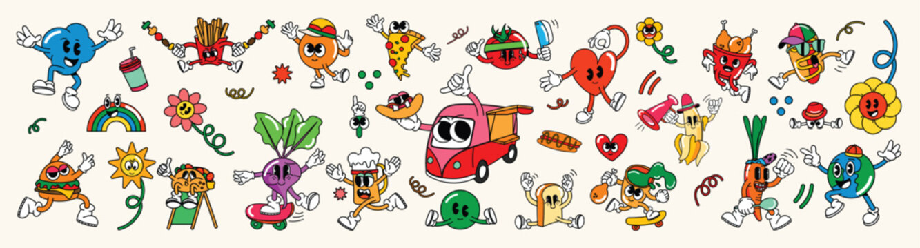 Mega set of 70s groovy element vector. Collection of cartoon characters, doodle smile face, food truck, hamburger, heart, flower, pizza, world. Cute retro groovy hippie design for decorative, sticker.