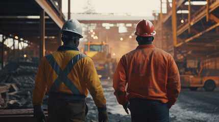 Fototapeta na wymiar Back view of mine workers wearing helmets
