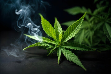 Cannabis leaf with smoke on a black background.
